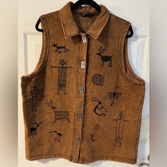 Vintage BFOFO Tribal print Brown Button Down Vest Large 100% Cotton EUC Unique - Picture 1 of 14